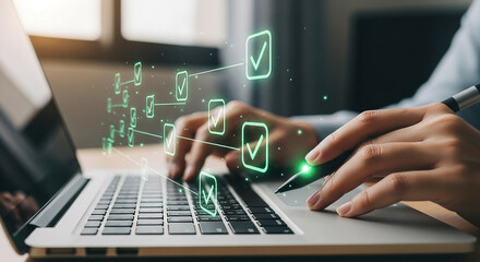 Person completing a digital checklist with multiple checkmarks on a laptop