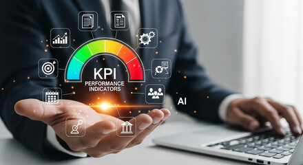 Businessman presenting key performance indicators with colorful gauge and business icons