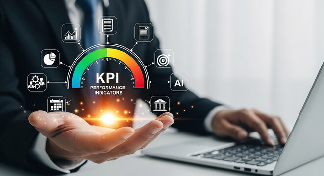 Businessman presenting key performance indicators kpi with a colorful gauge and business icons