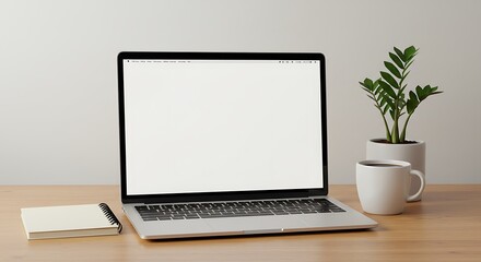 Fototapeta premium Minimalist Workspace Laptop and Coffee on Wooden Desk for Productivity and Focus in Home Office Setup