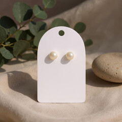 white earring card, with pearl earring in a setting with fabric, eucalyptus leaves and smooth stones
