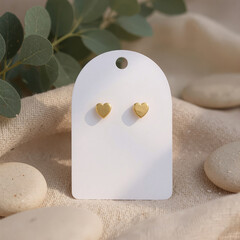 white earring card, with gold heart earring in the setting with eucalyptus leaves and smooth stones, low view