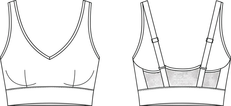 V-neck bra fashion sketch, technical garment drawing, adjustable strap design, mesh panel detail, wide underband concept, stylish lingerie mockup, clothing illustration, apparel layout