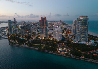 Miami cityscape with luxury skyscrapers and ocean. Panoramic view of Miamis famous skyline. Miami...