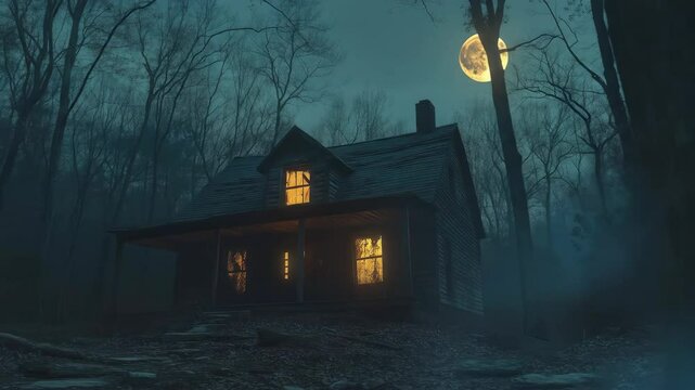 Cabin glows under moonlit sky in a dark, spooky forest landscape
