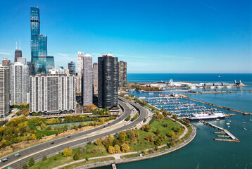 Skyscraper landscape. Chicago cityscape marina. Chicago downtown city and marina skyline. Autumn...