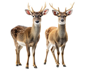 Obraz premium Two spotted deer with antlers standing facing forward studio lighting sharp focus isolated on a transparent background