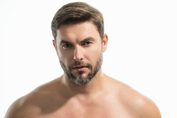 Close up portrait of half naked man 40s having bristle isolated over white background. Handsome...