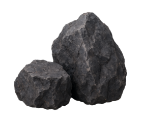 Realistic Big and Small Rough Black Stone Rocks Natural Mineral Texture for Landscaping, Construction, and Design Projects, Isolated on Transparent and White Background