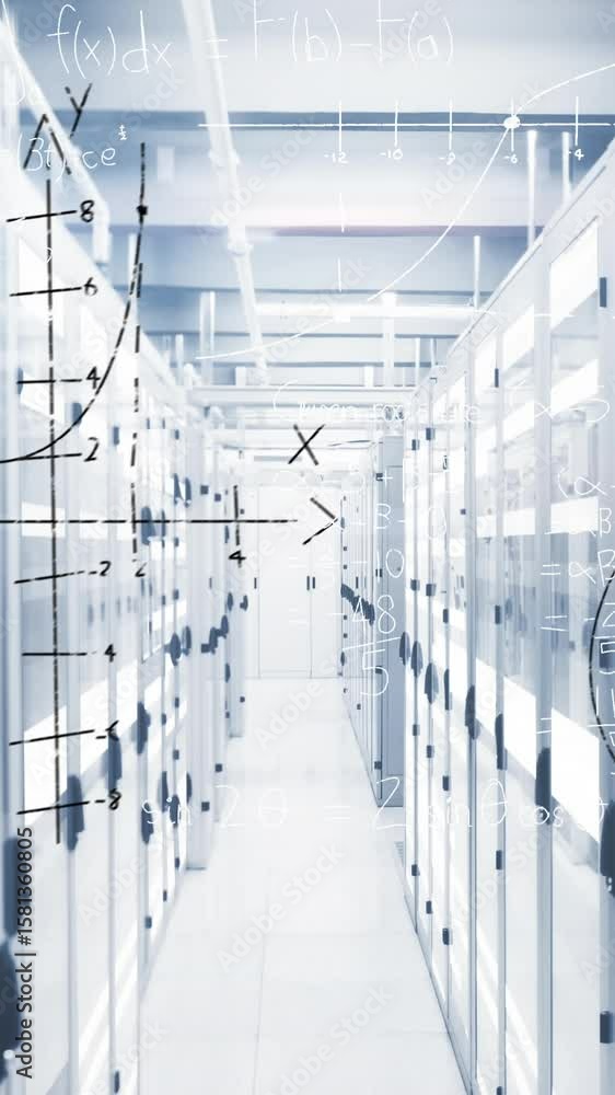 Poster animation of mathematical equations and diagrams over moving bars on server room