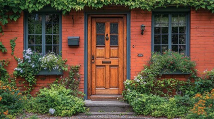 Rustic Brick Home with Wooden Front Door and Lush Landscaping Elements Featuring Abundant Greenery and Plants in Window Boxes On A Sunny Daytime Exterior Landscape of A House with Stone Steps and