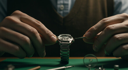 A watchmaker meticulously repairs a wristwatch, using precision tools to work on its intricate internal mechanisms with focused concentration.
