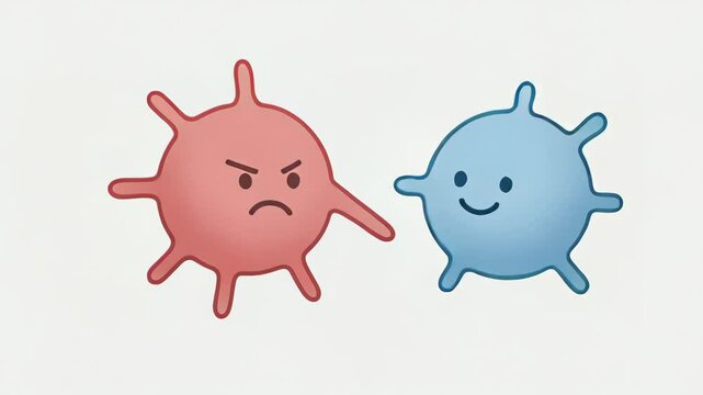 T cell cancer immune cell cartoon interaction biology medical two cartoon cells with expressive faces representing immune response and disease simple