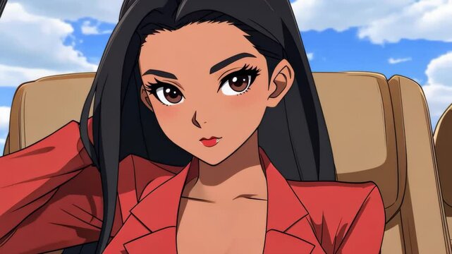 Anime Girl in Red Blazer: A stylish anime-style girl with long black hair and brown eyes, wearing a vibrant red blazer, gazes confidently from a private jet seat.