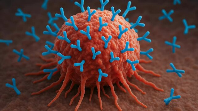 T cell attack cancer cell with antibody binding triggers immune response targeting malignant cells for effective cancer treatment and medical biology
