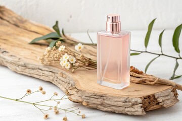 Perfume bottle mockup on a piece of wood and dried flowers.