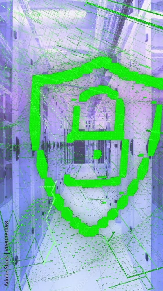 Poster animation of padlock with abstract lines moving over data server systems