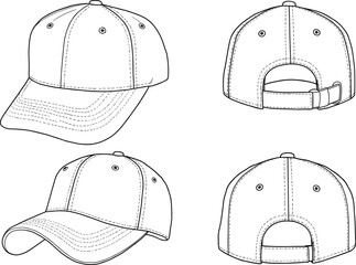 Flat Sketch of Baseball Cap Featuring Curved Brim, Front and Back Panels, Adjustable Strap and Stitching Detail for Fashion Designers, Apparel Mockups, Accessories