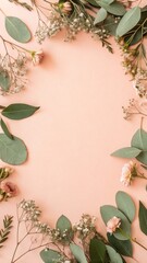 Frame of green leaves and flowers on a light pink background, space for text, banner, background for text