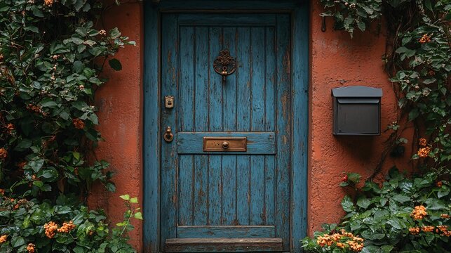 Weathered Blue Wooden Door on a Red Brick Wall with Lush Green Vines - Powered by Adobe