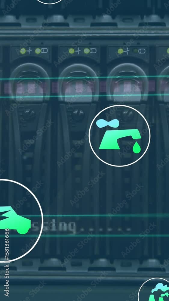 Poster animation of icon in circles over back panel of data server system in server room