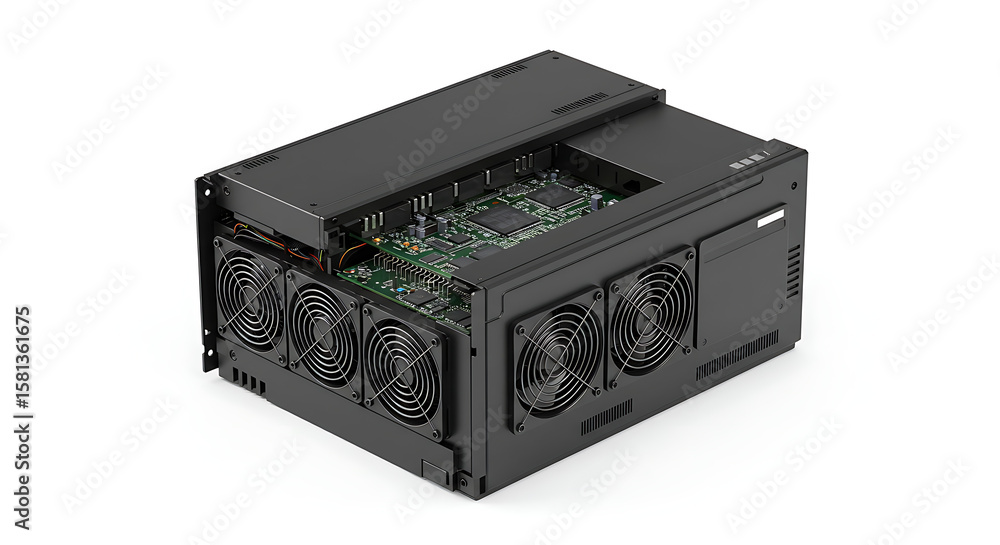 Poster a modern, black computer server or data center unit features visible green circuit boards and multip
