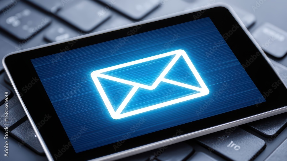 Poster digital mail icon on smartphone display over computer keyboard background