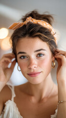 Fototapeta premium Caucasian young female with headband and earrings smiling calmly indoors