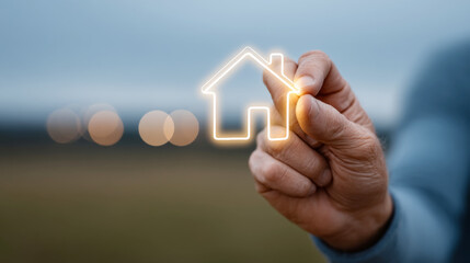 Hand drawing glowing house icon outdoors