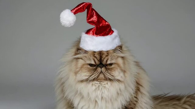 Fluffy cat wearing santa hat expressing cute indifference in festive setting
