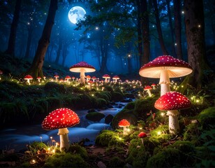 Magical forest at night with glowing mushrooms (1)