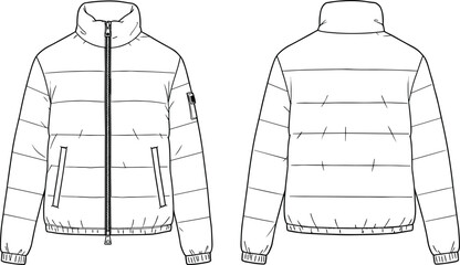 Flat Sketch of Quilted Jacket Featuring High Collar, Front Zipper, Vertical Zip Pockets, Sleeve Patch and Back Elastic Cuffs, Ideal for Fashion Designers, Mockups © Riyaj Vector Valley