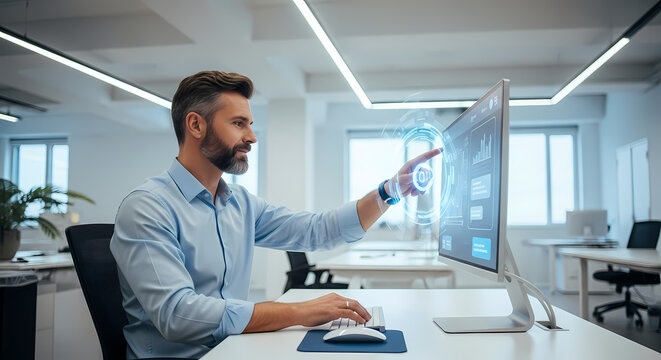 Businessman use artificial intelligence AI technology for enhanced work efficiency data analysis and efficient tools, Unlocking work potential with AI solutions chatbot help solve work problems.