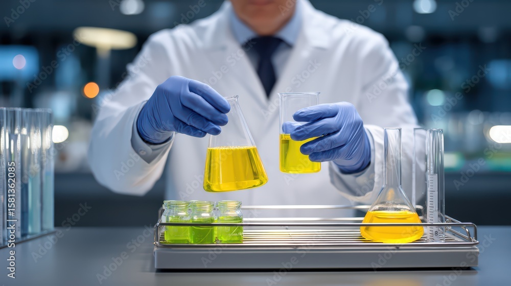 Poster scientist in laboratory conducting experiment with colorful liquids