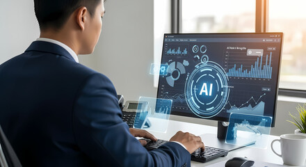 Businessman use artificial intelligence AI technology for enhanced work efficiency data analysis and efficient tools, Unlocking work potential with AI solutions chatbot help solve work problems.