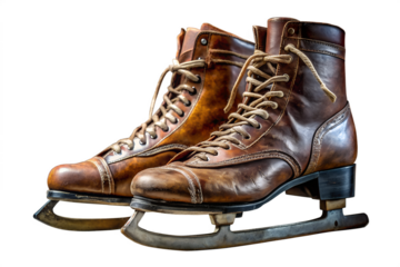 Vintage Leather Ice Skates – Classic Retro Brown Skating Boots with Blades Isolated on Black