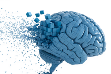 Digital Brain Memory Loss Concept – 3D Abstract Blue Brain with Exploding Data Blocks