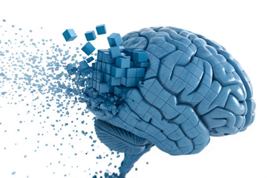 Digital Brain Memory Loss Concept – 3D Abstract Blue Brain with Exploding Data Blocks