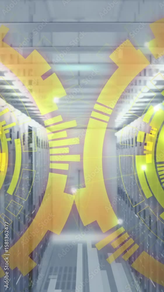 Poster animation of loading circles over bars on data server racks in server room