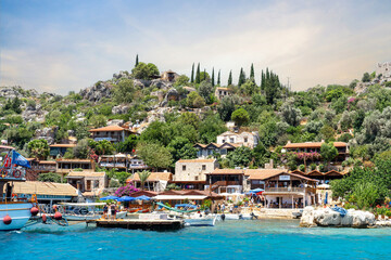Kaleköy, the ancient city of Simena. It's an ancient Lycian (Likya) settlement located directly opposite Kekova Island. Sarcophagi, ruins, and Kaleköy Castle are located on the hill. Kaş - Antalya