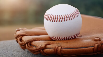 Baseball and Leather Glove on Table Ready for Outdoor Sports Play