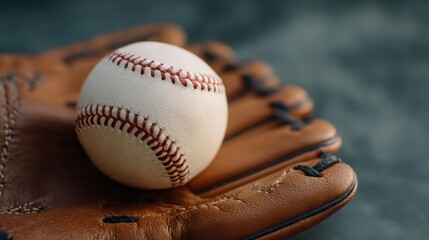 Baseball on Leather Glove Close Up for Sports and Recreation Themes