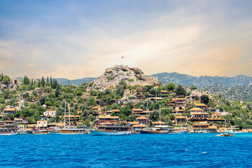 Kaleköy, the ancient city of Simena. It's an ancient Lycian (Likya) settlement located directly opposite Kekova Island. Sarcophagi, ruins, and Kaleköy Castle are located on the hill. Kaş - Antalya