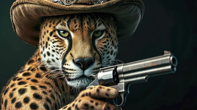 Cheetah Cowboy: A cheetah, adorned with a cowboy hat, holds a gun, in a display of fierce confidence and stylish western charm. The image is a captivating blend of wildlife, style, and daring spirit.