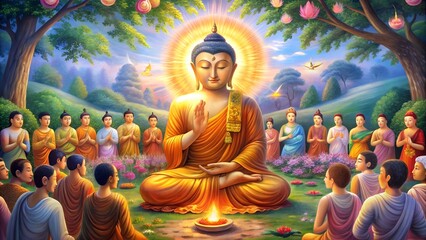 Buddha teaching disciples in a peaceful spiritual landscape