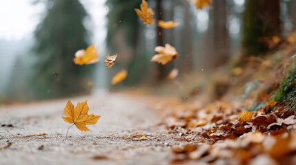 Autumn leaves gently blowing along a serene forest path