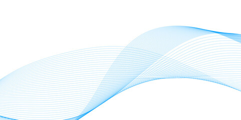 Wavy transparent lines in blue color, flow vector abstract wave on white background. Blue line wave ornament
