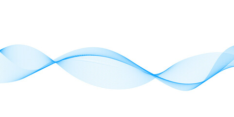 Wavy transparent lines in blue color, flow vector abstract wave on white background. Blue line wave ornament