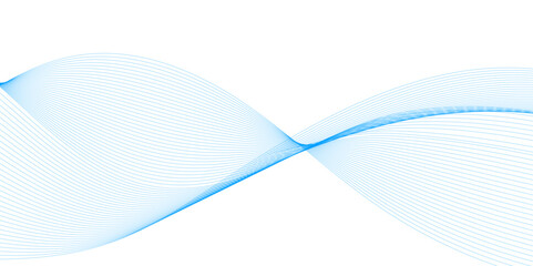 Wavy transparent lines in blue color, flow vector abstract wave on white background. Blue line wave ornament