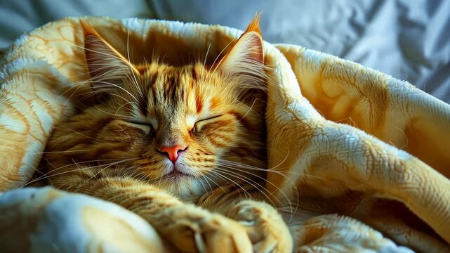 Cozy Cat Nap: A fluffy ginger cat curled up under a soft, patterned blanket, eyes closed in peaceful slumber.